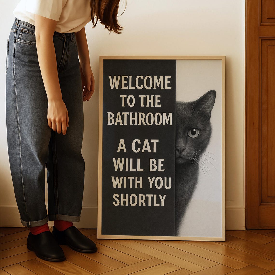Funny Cat Bathroom Sign, Cat Peeking Wall Art, Cat Bathroom Art ...