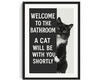 Funny Black Cat Bathroom Art, restroom sign, quirky wall decor