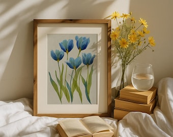Blue and Green Tulip Wall Art Modern Botanical Southern Print Grandmillennial Digital Download Elegant Preppy Chinoiserie Home Decor