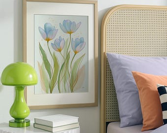 Blue Green Tulip Floral Wall Art Modern Southern Botanical Decor Grandmillennial Digital Download Elegant Preppy Chinoiserie Printable Art