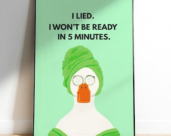 duck print, duck bathroom print, trendy bathroom art, dopamine decor, duck in slippers, funny bathroom decor, quirky duck print, retro print