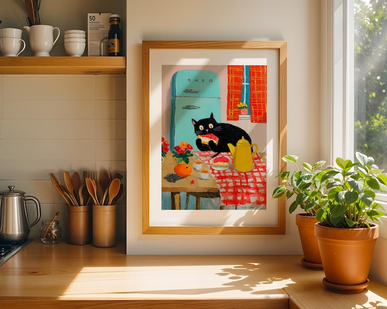 black cat chef art print: boho kitchen cooking poster... Black Cat Print Eating Cake, Retro Kitchen Decor, Colorful Food Poster ...
