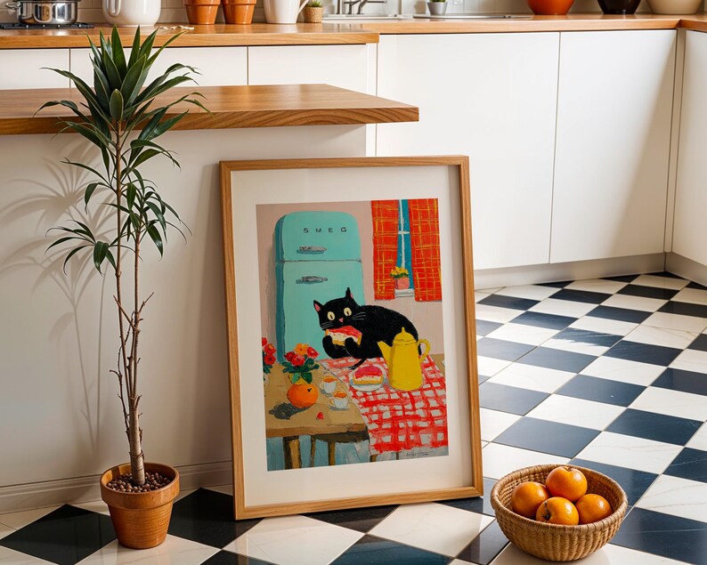 black cat chef art print: boho kitchen cooking poster... Black Cat Print Eating Cake, Retro Kitchen Decor, Colorful Food Poster ...