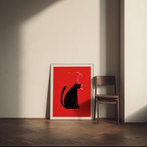 タバコを吸う黒猫のプリント、ヴィンテージの面白い動物アート、風変わりなキッチン＆バーカートの壁飾り、気まぐれな猫のポスター、デジタルダウンロード