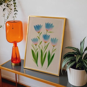 Blue Green Tulip Floral Wall Art Modern Botanical Print Southern Style Grandmillennial Decor Digital Download Elegant Preppy Chinoiserie Art