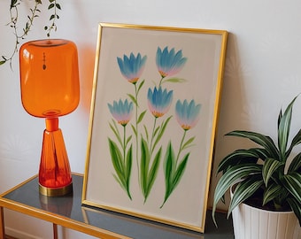 Blue Green Tulip Floral Wall Art Modern Botanical Print Southern Style Grandmillennial Decor Digital Download Elegant Preppy Chinoiserie Art