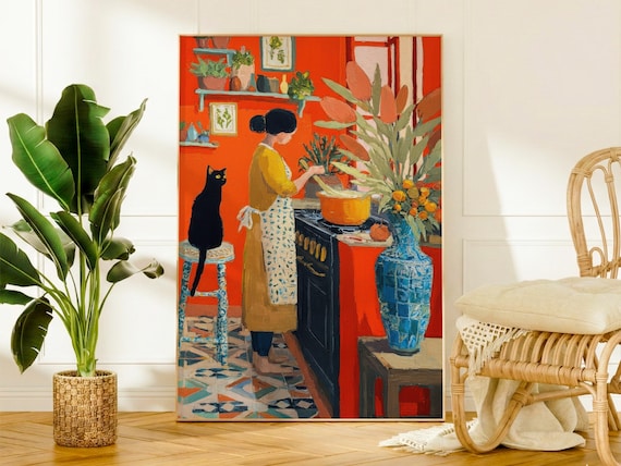 Kitchen Wall Art Print, Colorful Cat Kitchen Decor, Quirky Woman Cooking Poster, Whimsical Retro Food Art, Maximalist Gift for Cat Lover