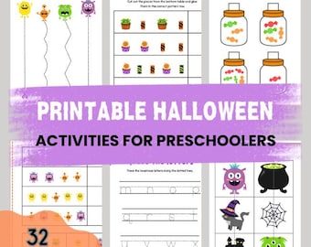 May include: A collection of printable Halloween activities for preschoolers. The pages include scissor practice, pattern recognition, counting, and tracing letters. The image features colorful illustrations of monsters, candies, and Halloween-themed objects. The text reads "Printable Halloween Activities for Preschoolers" and "32 Pages!"