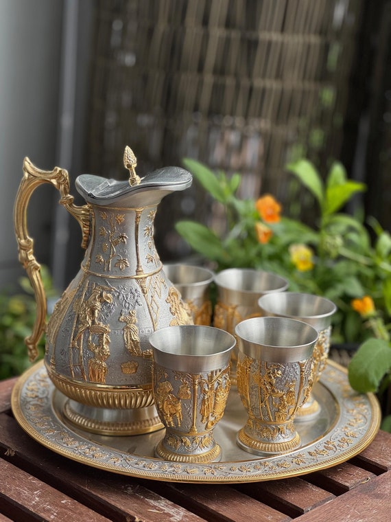 Malaysia Pewter 7 Pieces SET: Water Pitcher, Glasses and Tray