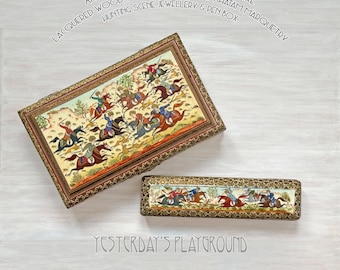 Antique Persian Khatam Marquetry Box: Hand-Painted Miniature Hunting Scene