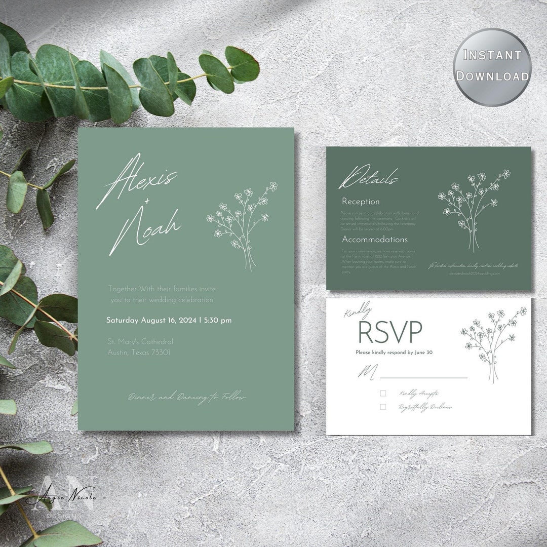 Sage Green Wedding Invitation Template Sage Green Digital - Etsy