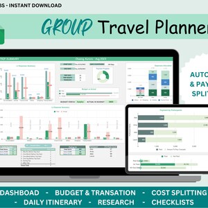 Puede incluir: Una pantalla de computadora portátil que muestra una hoja de cálculo de Google Sheets con un esquema de color verde y blanco. La hoja de cálculo se titula "Group Travel Planner" e incluye pestañas para "Panel de control", "Presupuesto y transacción", "División de costos", "Itinerario diario", "Investigación" y "Listas de verificación". La hoja de cálculo incluye gráficos y diagramas con datos relacionados con los gastos de viaje, el presupuesto y la división de pagos.