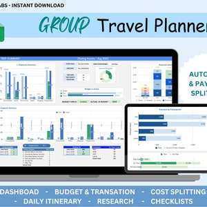 Puede incluir: Una pantalla de computadora portátil que muestra una hoja de cálculo de Google Sheets con el título "GROUP Travel Planner". La hoja de cálculo tiene varias pestañas, que incluyen "Panel de control", "Presupuesto y transacción", "División de costos", "Itinerario diario", "Investigación" y "Listas de verificación". La hoja de cálculo está diseñada para ayudar a planificar viajes en grupo e incluye funciones para realizar un seguimiento de los gastos, dividir los costos y crear itinerarios.
