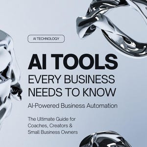 Puede incluir: Una portada de libro con un diseño abstracto plateado y el texto "AI TOOLS EVERY BUSINESS NEEDS TO KNOW" en negro. El subtítulo es "AI-Powered Business Automation" y el autor es "KATE JAMES".