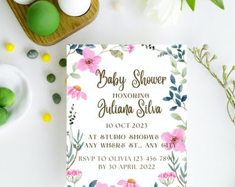 Baby shower invitation floral baby invitation pink flower baby shower invite baby shower
