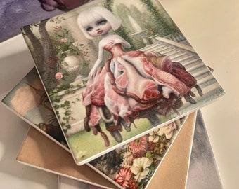 Set of 4 Mark Ryden Fine Art Ceramic Tile Coasters, Pop Art Coasters, Big Eyes Painting, Meat Dress, Katy Perry