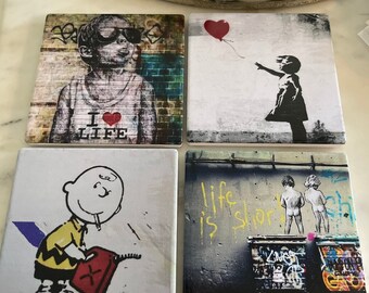 Set of 4 Bansky Fine Art Ceramic Tile Coasters, Pop Art Coasters, Art Coasters