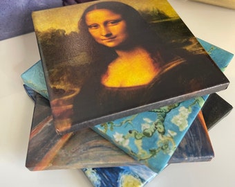 Set of 4 Fine Art Ceramic Tile Coasters, Mona Lisa, Starry Night, The Scream, Van Gogh, Monet, da Vinci, Rembrandt, Klimt