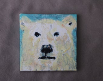 Unique TeenyTinyOilPainting of Polar Bear Head in Mid-Day Sun and Blue Sky