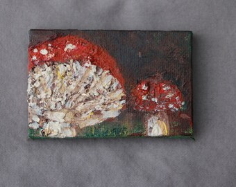 Unique TeenyTinyOilPainting Paysage en gros plan : Paire de champignons Amanita GillsRed Spores de champignon
