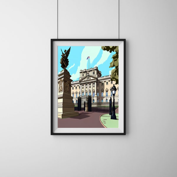 Affiche du palais de Buckingham - Impression d'art de style dessin animé - Plusieurs tailles disponibles - Art mural - Excellente idée cadeau - Impression de la famille royale * SANS CADRE *
