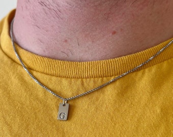 Herren Silber Anfang Kette Herren Halskette - Rechteck Anfangsbuchstaben Charme - Anfang Anhänger Halskette für Männer - Edelstahl Halskette
