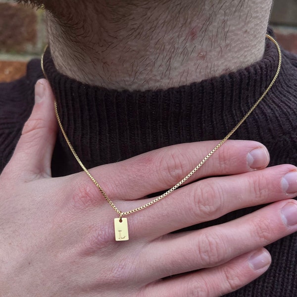 Mens Gold Initial Necklace - Rectangle Initial Letter Charm - Initial Pendant Necklace For Men - Stainless Steel Necklace - Mens Jewellery