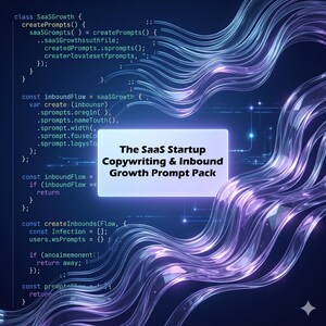 May include: Digital graphic with a dark blue background and flowing, translucent purple and blue lines. A white rectangle in the center displays the text "The SaaS Startup Copywriting & Inbound Growth Prompt Pack". Code snippets are visible.