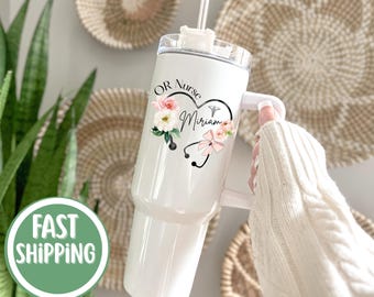 Operating Room Nurse Quencher Tumbler 40oz with handle, Personalized OR Nurse Tumbler, Appreciation Gift for OR Nurse, OR Nurse Travel Cup