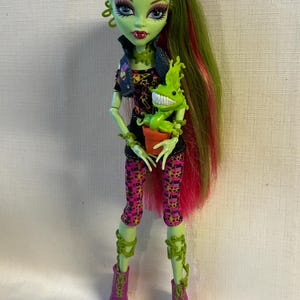 May include: A Monster High doll with green skin, green and pink hair, and elaborate makeup. She wears a black top with a star pattern, a denim vest, and pink and black patterned leggings. The doll holds a green plant with a smiling face in a small orange pot.