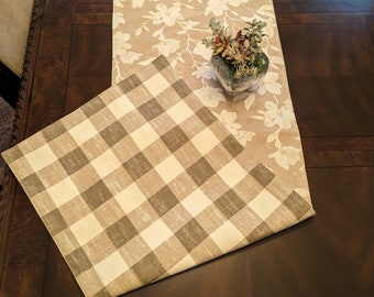 Table Runner Handmade REVERSIBLE Two Looks for One Price 100% Cotton Canvas w Interfacing Pre-shrunk 13"x65" Taupe & Cream