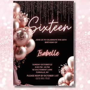 Elegante Rose Gold Sweet 16 Einladung - Sofortiger digitaler Download, druckbare bearbeitbare Vorlage, - Sweet Sixteen Bash, Feiern mit Stil