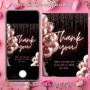 Roségouden bedankkaart Afdrukbare digitale download Pretty, glamour, bling bewerkbare sjabloon, gratis BONUS Bedanktcitaten en berichten