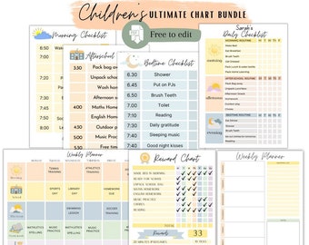 Editable Ultimate Chore Chart, Routine Kids Checklist, Daily, Weekly routine chart for parents and children. Printable PDF file