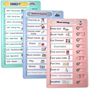 May include: Three colourful chore charts with tick boxes and icons. The pink chart is labelled "Morning" and includes tasks like "Make bed", "Brush Teeth", "Get Dressed", "Downstairs", "Pack lunch box", "Pack water bottle", "Pack Diary", "Socks on", "FRIDAY - Homework due", and "Breakfast". The blue chart is labelled "Afternoon" and includes tasks like "Hang bag up", "Unpack lunch", "Unpack water bottle", "Wash hands", "Snack", "4pm Homework", "Music practice", "Play", "Dinner", and "7pm Shower, book + be". The green chart is labelled "CHORES" and includes tasks like "Pick up books", "Pick up Toys", "Unpack Dishwashe", "Water Plants", "Prepare School Bag", "Tidy Bedroom", "Wipe mirrors", and "Vacuum".