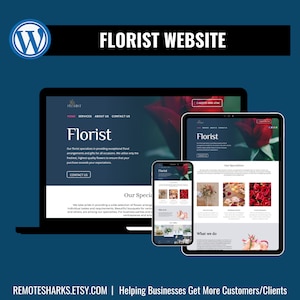 May include: Website mockup for a florist business. The website features a modern design with a white background and black text. The website includes a header with the words "Florist" and "Our Specialties". The website also includes a section with images of different floral arrangements.