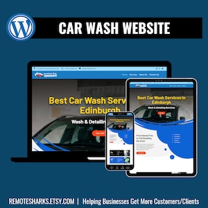 Op de afbeelding: Een website-mockup voor een autowasbedrijf in Edinburgh, Schotland. De website heeft een blauw en wit kleurenschema met een foto van een auto die wordt gewassen. De tekst op de website luidt "Beste autowasdiensten in Edinburgh" en "Was- en detaildiensten".