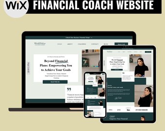 May include: A mockup of a website for a financial coach. The website is designed in a dark green and white color scheme. The website features a photo of the coach and text that says "Beyond Financial Plans: Empowering You to Achieve Your Goals".
