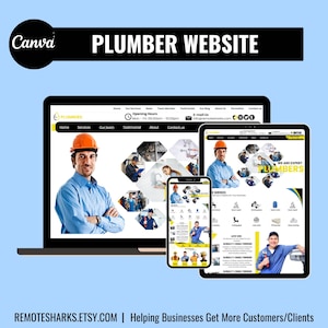 May include: A website design for a plumbing company. The website is displayed on a laptop, tablet, and smartphone. The website features a range of images of plumbers working on various plumbing projects. The website also includes a contact form, a testimonial section, and a blog.