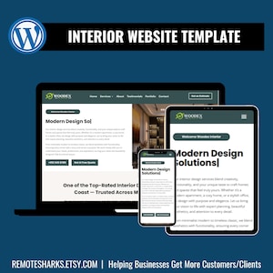 May include: A digital mockup of a website template, displayed on a laptop, tablet, and smartphone. The website design features the text "INTERIOR WEBSITE TEMPLATE" and "Modern Design Solutions". The background is a dark blue.