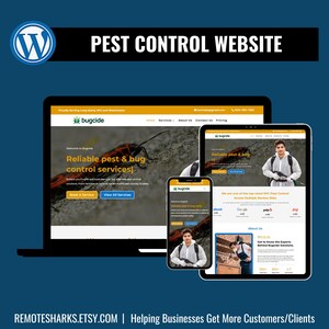 Puede incluir: Imagen de marketing digital que muestra el diseño de un sitio web de control de plagas en una computadora portátil, tableta y teléfono inteligente. El sitio web muestra el logotipo "bugcide" y ofrece servicios de control de plagas. Se incluye el texto "PEST CONTROL WEBSITE".