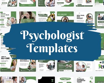 May include: A collage of social media post templates for a psychologist. The templates feature a variety of topics related to mental health, including stress management, self-care, and relationships. The templates are designed in a modern and minimalist style with a green and white color scheme.