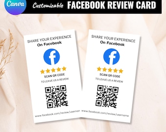 Scheda di recensione di Facebook – Codice QR modificabile per feedback e valutazione (modello Canva da scaricare digitalmente, 50 x 85 mm)