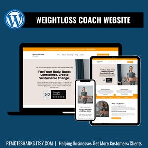 Könnte beinhalten: Digitales Marketing-Bild, das die Website eines Weightloss-Coaches auf einem Laptop, Tablet und Smartphone zeigt. Die Website zeigt den Text "Fuel Your Body, Boost Confidence, Create Sustainable Change."