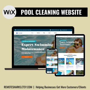 May include: A laptop, tablet, and smartphone displaying a website design for pool cleaning services. The website features the text "Expert Swimming Pool Maintenance" and "20 YEAR OF EXPERIENCE". The image includes the text "POOL CLEANING WEBSITE" and "REMOTESHARKS.ETSY.COM".