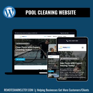 May include: A website design for a pool cleaning business is displayed on a laptop, tablet, and smartphone. The website features the text "Clear Pools with Expert Cleaning Today!" and a call to action button that says "Get Estimate."
