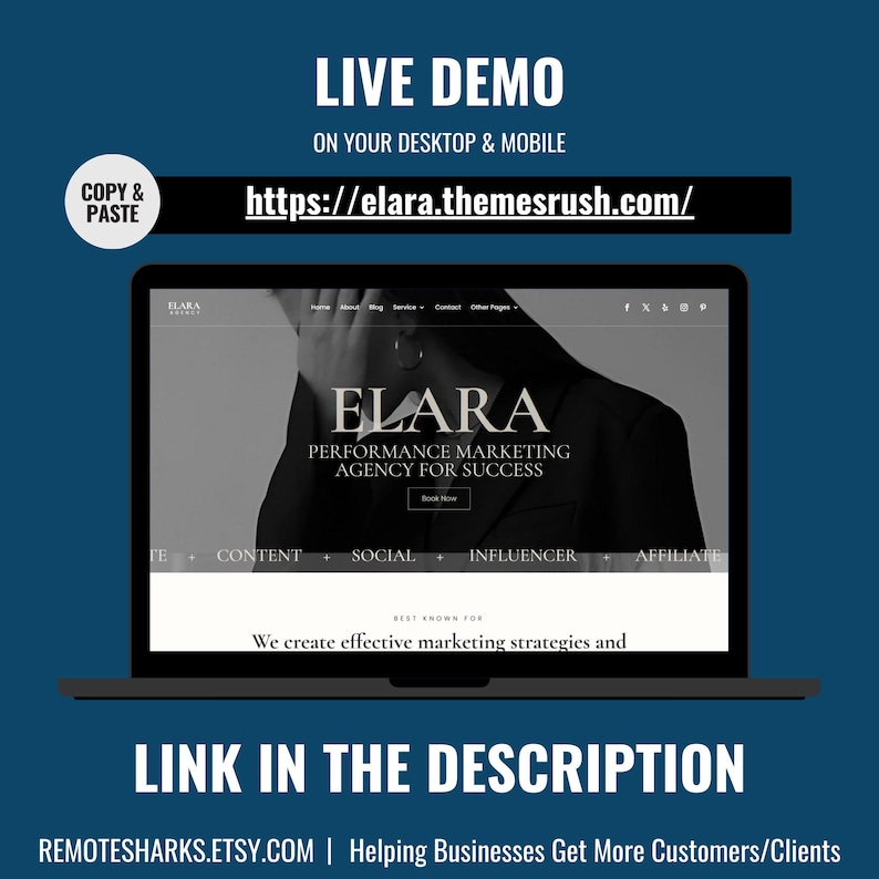 Live demo preview of Elara Divi website template for agencies and coaches
