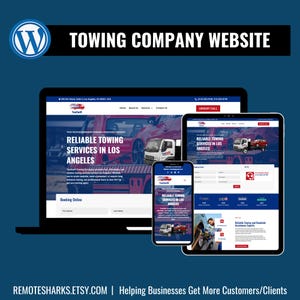 May include: A digital marketing image showing a towing company website design on a laptop, tablet, and smartphone. The website displays the text "Reliable Towing Services in Los Angeles" and "Urgent Call". The image also includes the website address.