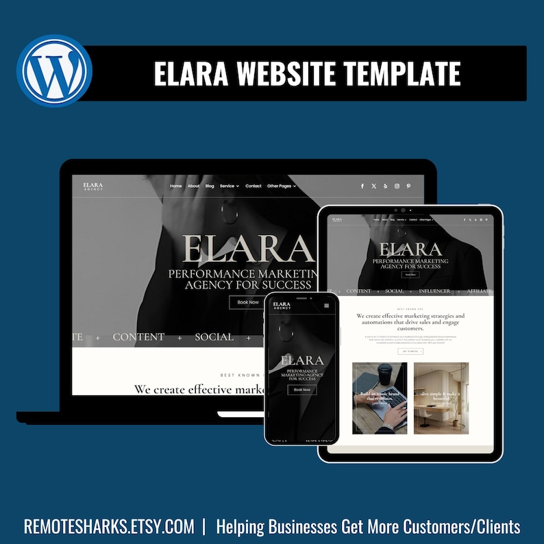 Elara Divi WordPress website template preview on desktop tablet and mobile devices