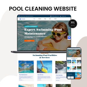 May include: A laptop and smartphone displaying a pool cleaning website. The screen shows a child in yellow sunglasses in a pool, with text reading Poolside, Expert Swimming Pool Maintenance, and Swimming Pool Facilities & Services.